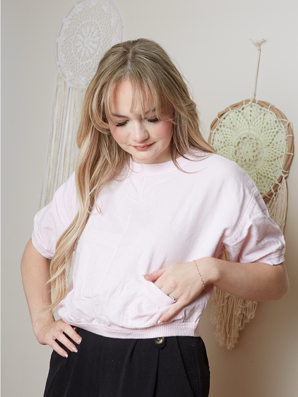 Vintage 80s Cotton Short Sleeve Pullover Top in Light Pink S